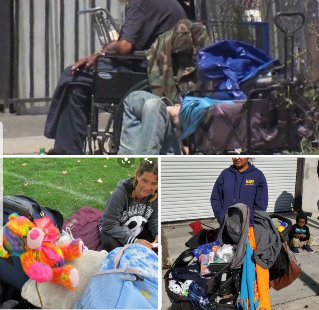 A collage of people with their belongings.