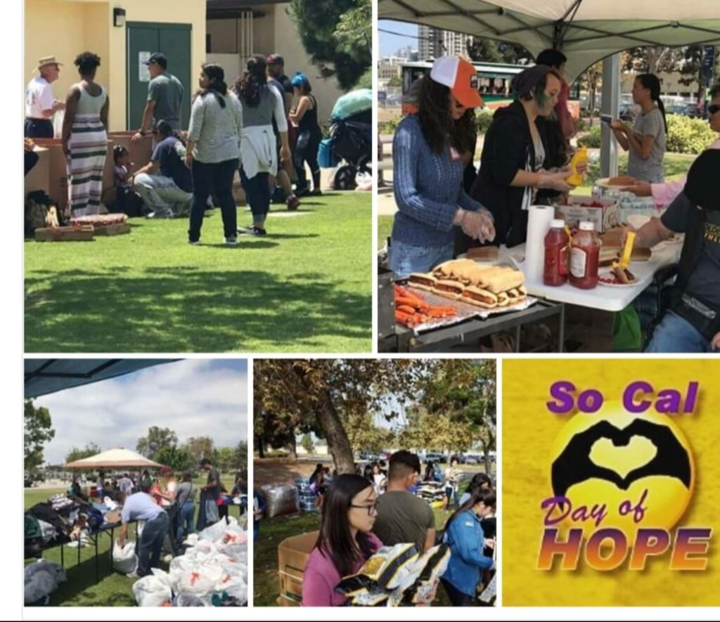 A collage of people gathered in the park and at an event.