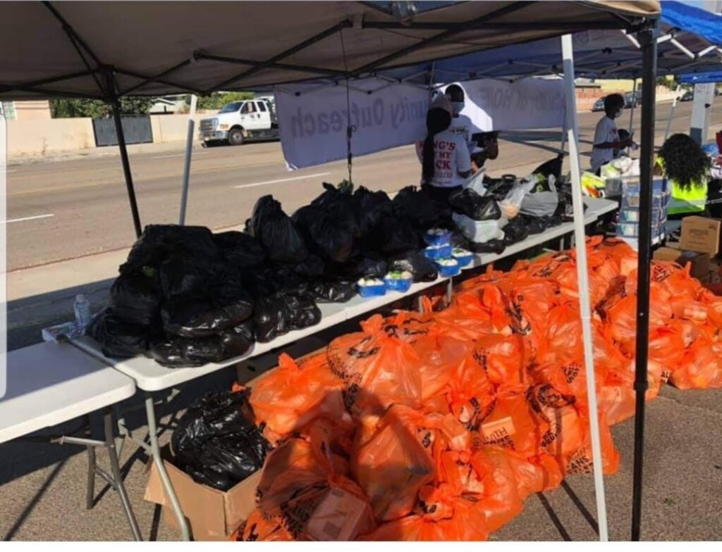 A table with many bags of food on it